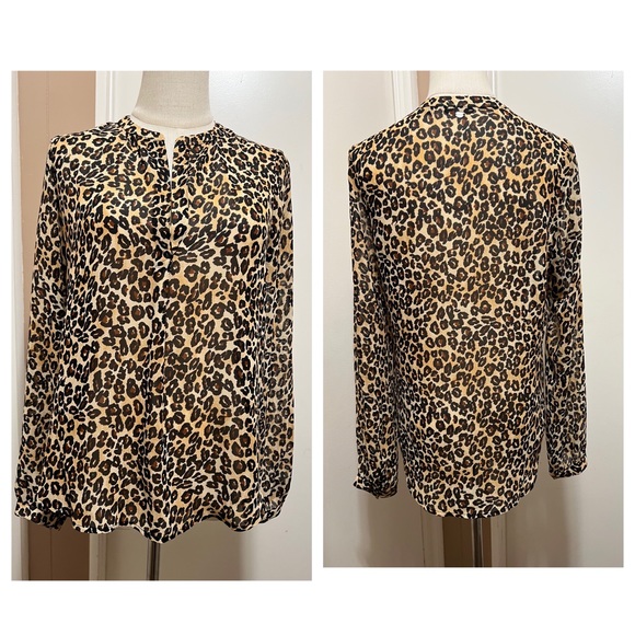 Guess Tops - Guess Blouse Animal Print V-Neck Small Long Sleeve Brown Semi Sheer.